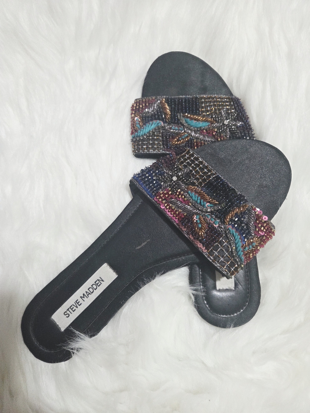 Steve Madden Women’s Black Beaded Slide Sandals
